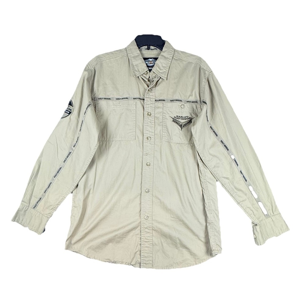 Harley‎ Davidson Men's M Button-Down Shirt Beige Tape Logo Long Sleeve